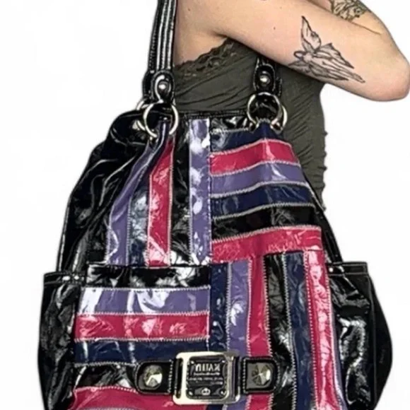 Vintage Y2K Kathy Van Zeeland patchwork patent shoulder bag 🖤💋🎨 - Picture 2 of 7